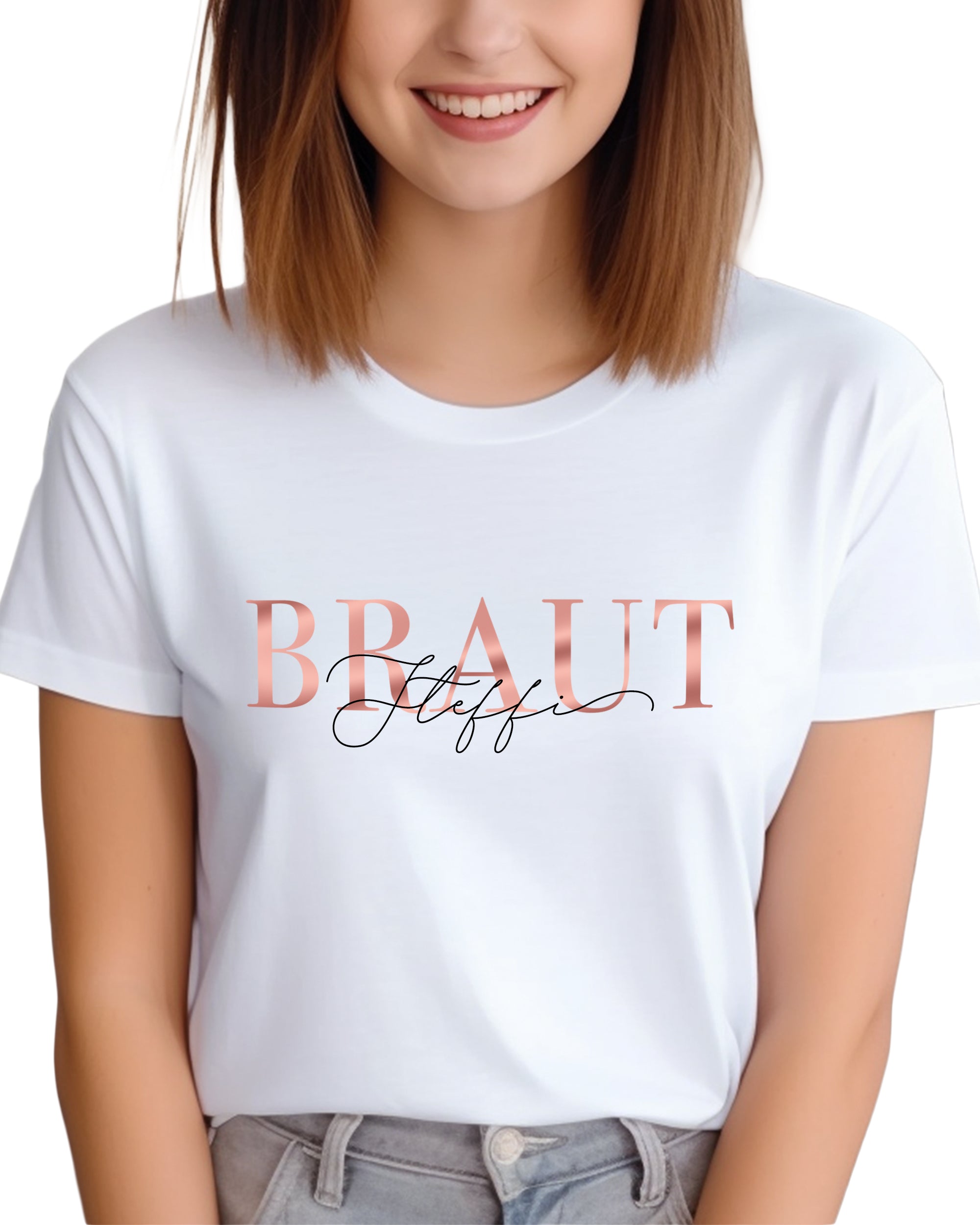 Braut im Serifenschriftart mit Namen, T-Shirt weiß