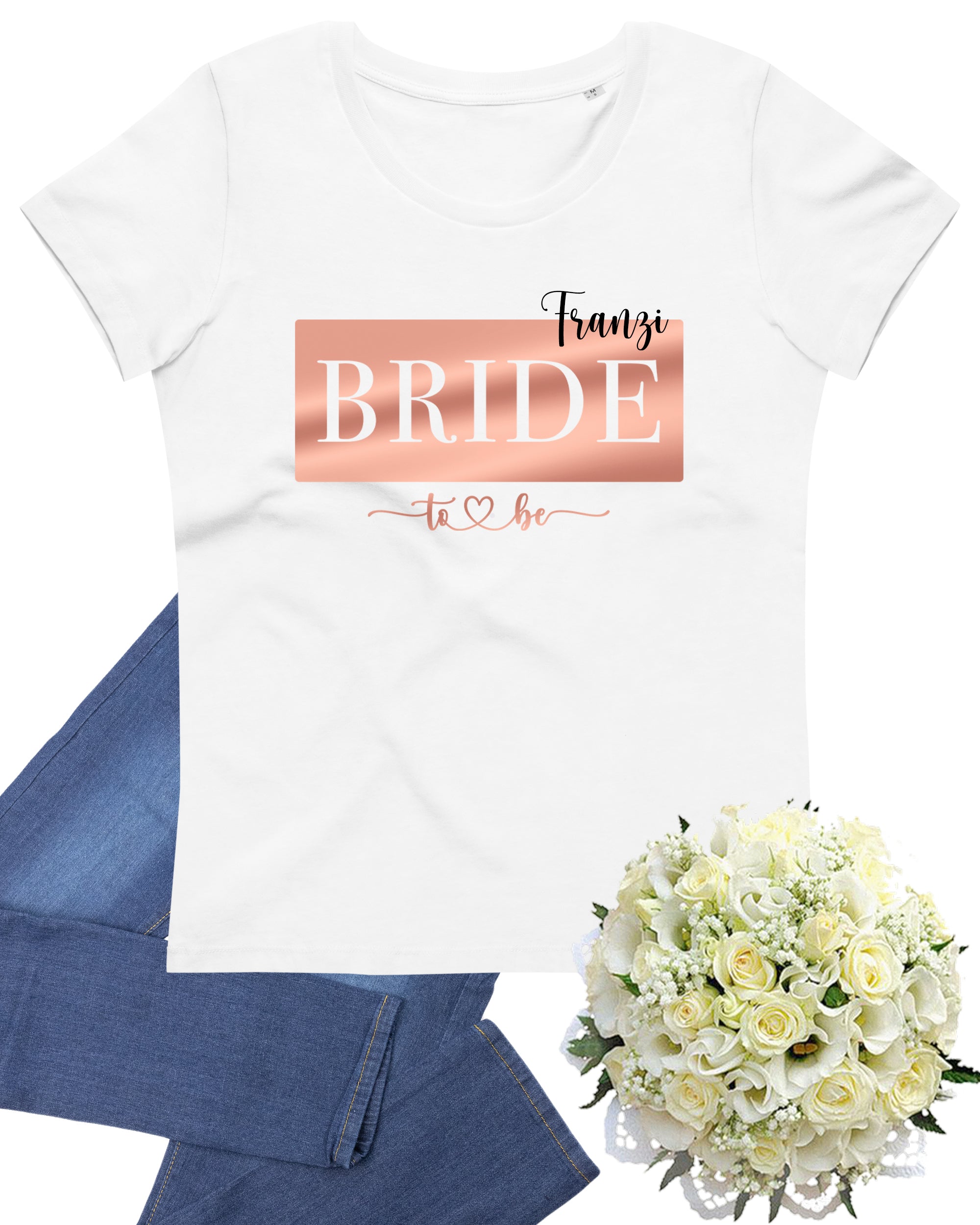 JGA Platte  Bride to be T-Shirt weiß mit Namen