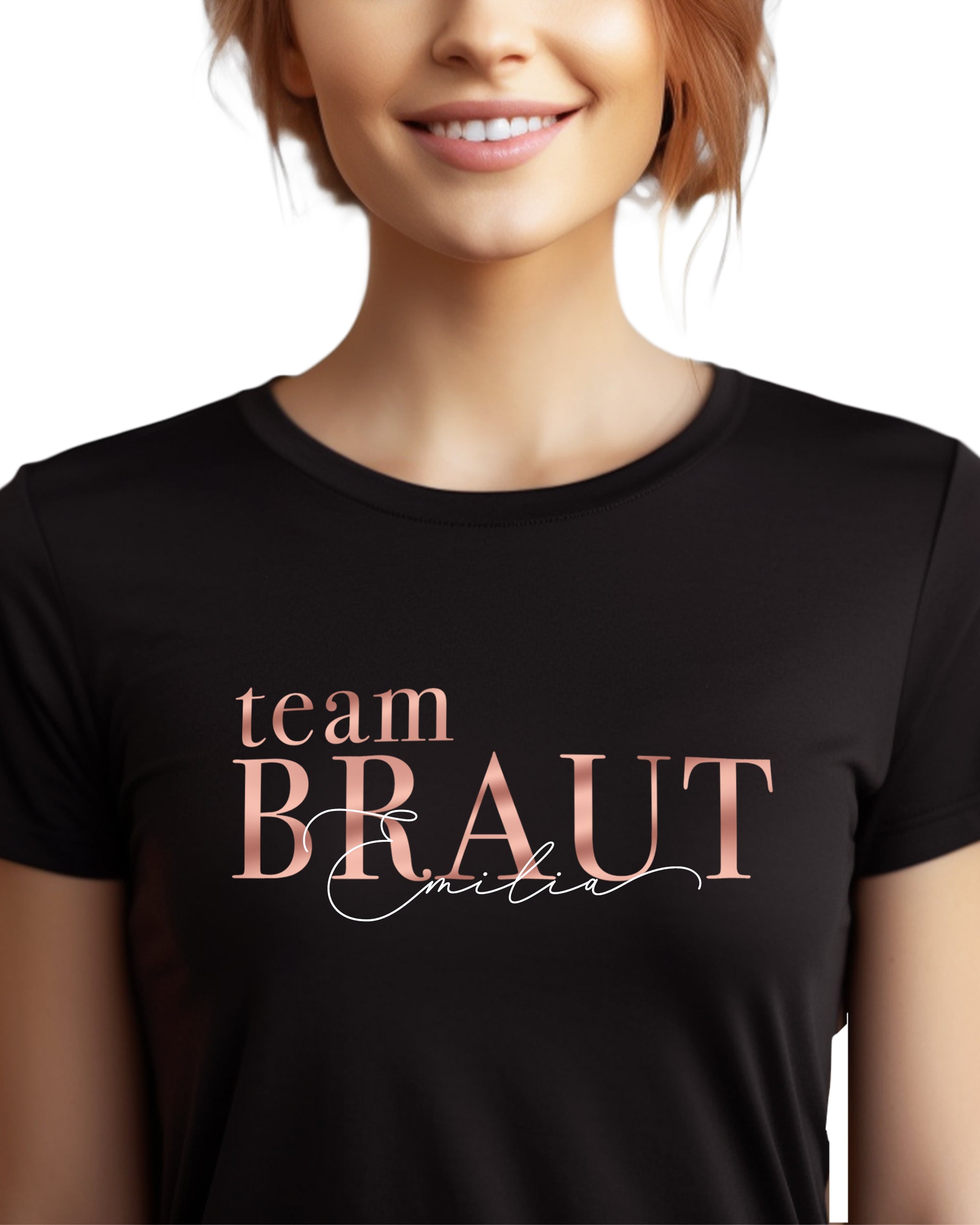 Team Braut in Serifenschrift mit Namen, T-Shirt schwarz