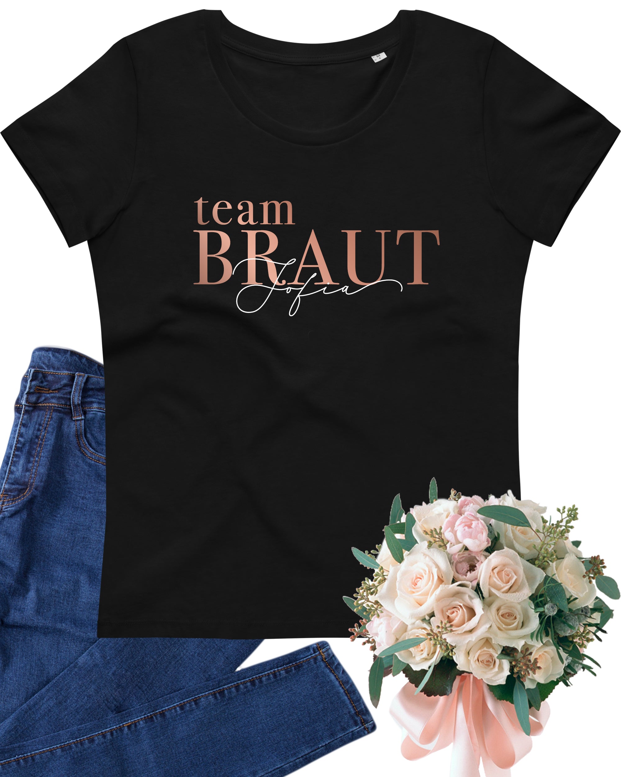 Team Braut in Serifenschrift mit Namen, T-Shirt schwarz